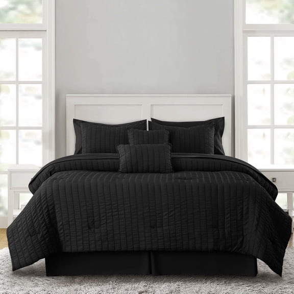 Lux Decor Collection 8 Piece Twin Comforter Set Seersucker Textured - Bed in a Bag All Season Bedding Sets with Comforter, Black
