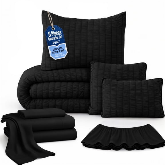 Lux Decor 8-Piece Twin Comforter Set with Sheets — Complete Bed in a Bag with Bed Skirt & Accent Pillows Included, 280 GSM Cooling Seersucker,OKEO-TEX Certified All Season Bedding Set, Black