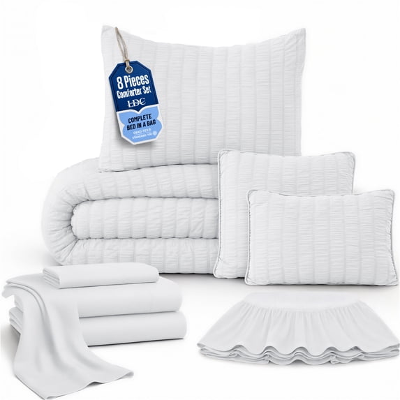 Lux Decor 8-Piece Twin Comforter Set with Sheets — Complete Bed in a Bag with Bed Skirt & Accent Pillows Included, 280 GSM Cooling Seersucker,OKEO-TEX Certified All Season Bedding Set, White