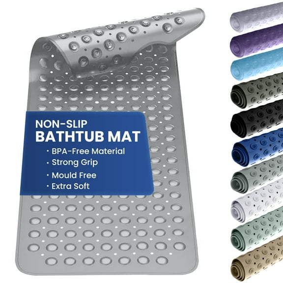 Lux Decor Collection Bath Tub Mat Non-Slip 40 x 16 Inch - Shower Mat for Bathtub with Suction Cups - Machine Washable (Light Gray)