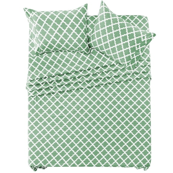 Lux Decor Full Size Bed Sheet Set 4 Piece, Soft Microfiber, Deep Pockets - Quatrefoil Pattern, 1 Fitted & 1 Flat Sheet, 2 Pillowcases, Green