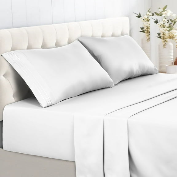Lux Decor Collection Bed Sheets, 4 Pc Deep Pocket Twin Size Sheets Set, Premium Brushed Microfiber Twin Sheets, White