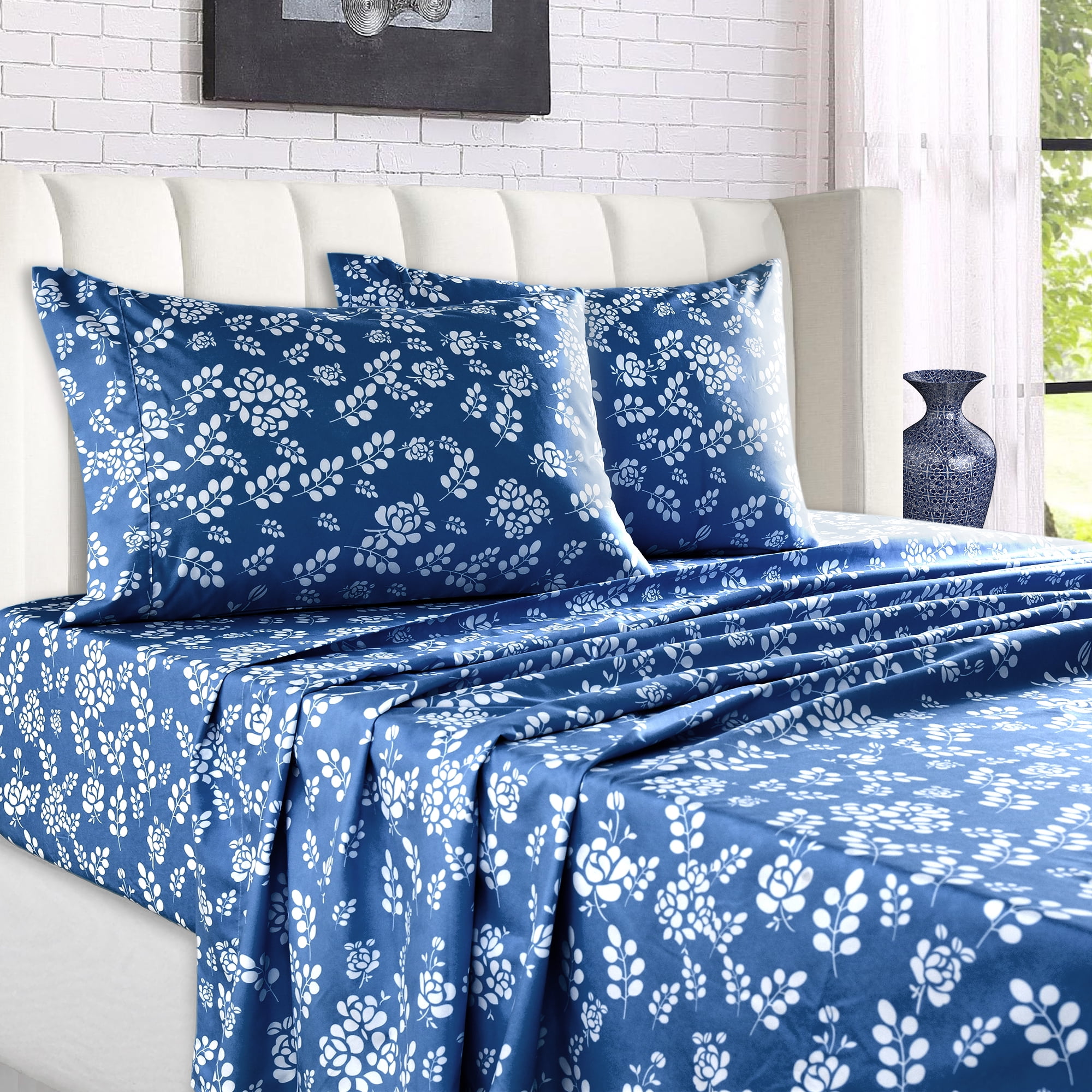 Lux Decor Collection Bed Sheets, 4 Piece Microfiber Deep Pocket Queen  Sheets Set - Floral, Navy Blue