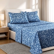 Lux Decor Queen Microfiber Bed Sheets - 4 Piece Floral Sheet Set, Soft Breathable Bedding, Wrinlkle Resistant, OEKO-TEX Certified, Navy Blue