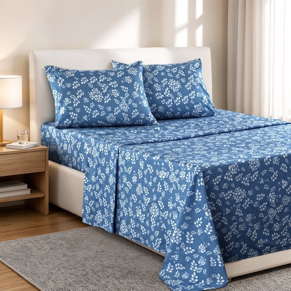 Lux Decor Queen Microfiber Bed Sheets - 4 Piece Floral Sheet Set, Soft Breathable Bedding, Wrinlkle Resistant, OEKO-TEX Certified, Navy Blue