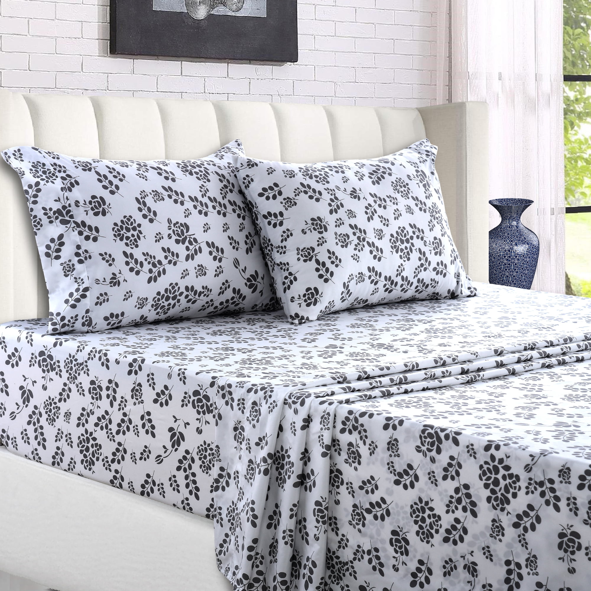 Lux Decor Collection Bed Sheets, 4 Piece Microfiber Deep Pocket Queen Sheets Set Floral, White
