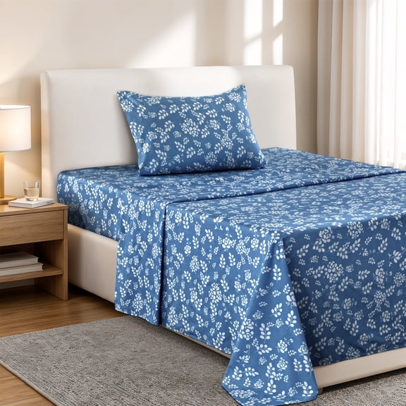 Lux Decor Twin Microfiber Bed Sheets - 3 Piece Floral Sheet Set, Soft Breathable Bedding, Wrinlkle Resistant, OEKO-TEX Certified, Navy Blue