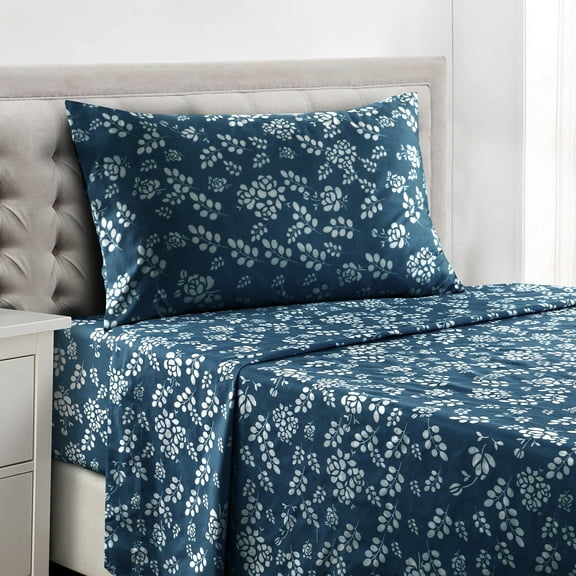Lux Decor Collection Bed Sheets, Microfiber Upto 16 Inch Deep Pocket Twin Sheets Set - Floral, Navy Blue