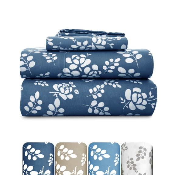 Lux Decor Twin Microfiber Bed Sheets - 3 Piece Floral Sheet Set, Soft Breathable Bedding, Wrinlkle Resistant, OEKO-TEX Certified, Navy Blue