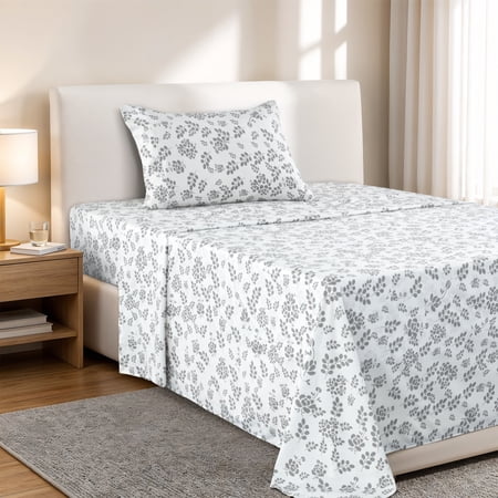 Lux Decor Twin Microfiber Bed Sheets - 3 Piece Floral Sheet Set, Soft Breathable Bedding, Wrinlkle Resistant, OEKO-TEX Certified, White-Grey