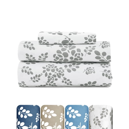 Lux Decor Twin Microfiber Bed Sheets - 3 Piece Floral Sheet Set, Soft Breathable Bedding, Wrinlkle Resistant, OEKO-TEX Certified, White-Grey