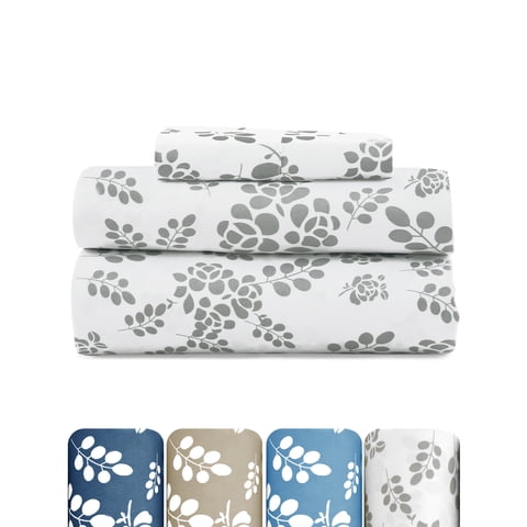 Lux Decor Twin Microfiber Bed Sheets - 3 Piece Floral Sheet Set, Soft Breathable Bedding, Wrinlkle Resistant, OEKO-TEX Certified, White-Grey