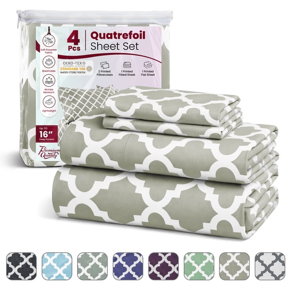 Lux Decor Queen Bed Sheets Set 4 Piece - Quatrefoil Pattern, Ultra Soft Polyester Sheet Deep Pocket Fit, Wrinkle Free, Breathable & Fade Resistant OEKO-TEX Certified, Taupe