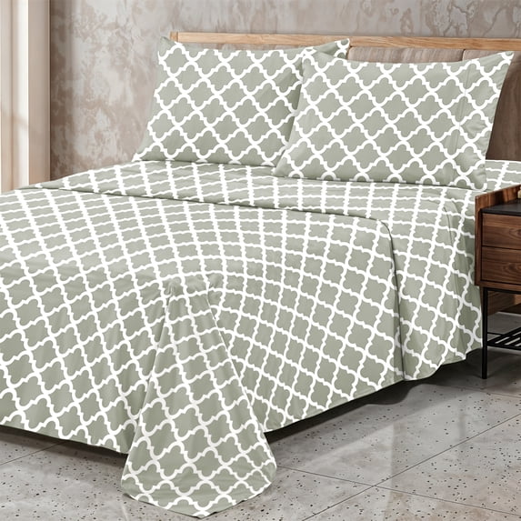 Lux Decor Queen Bed Sheets Set 4 Piece - Quatrefoil Pattern, Ultra Soft Sheet Deep Pocket Fit, Wrinkle Free, Breathable & Fade Resistant OEKO-TEX Certified, Taupe