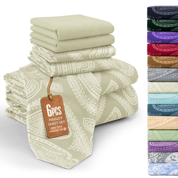 Lux Decor King 6 Piece Bed Sheet Set - Paisley Printed Microfiber Sheets, Ultra Soft, Deep Pocket, Wrinkle-Free, Breathable, OEKO-TEX Certified - King, Ivory