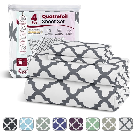 Lux Decor Cal King Bed Sheets Set 4 Piece - Quatrefoil Pattern, Ultra Soft Polyester Sheet Deep Pocket Fit, Wrinkle Free, Breathable & Fade Resistant OEKO-TEX Certified, White