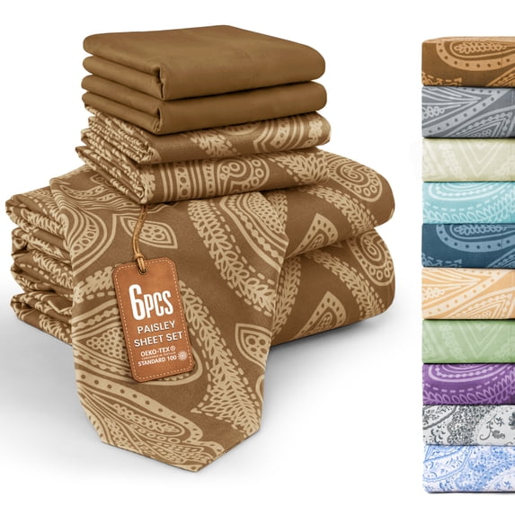Lux Decor California King 6 Piece Bed Sheet Set - Paisley Printed Microfiber Sheets, Ultra Soft, Deep Pocket, Wrinkle-Free, Breathable, OEKO-TEX Certified - California King, Brown