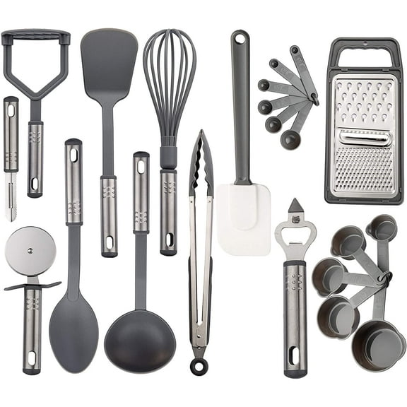 Lux Decor Collection Cooking Utensils Set Kitchen Accessories - Nylon Cookware Set - Kitchen Gadget Tools of Gray 23 Pieces Kitchen Starter Set