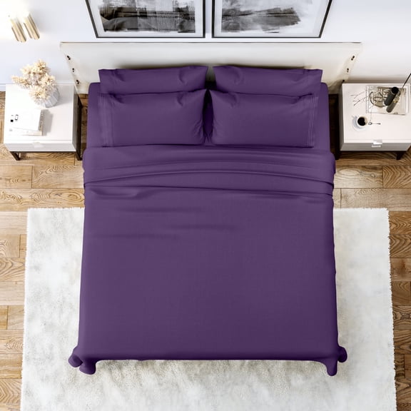Lux Decor Collection Double-Brushed Microfiber Deep Pocket Cal King Bed Sheets Set, Fitted, Flat Sheet, 4 Pillowcases - Purple