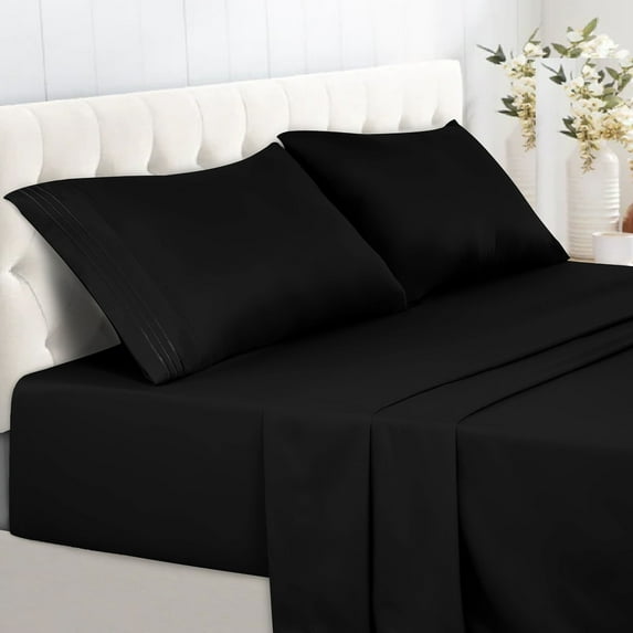 Lux Decor Collection Double-Brushed Microfiber Deep Pocket California King Bed Sheets Set, Fitted, Flat Sheet, 4 Pillowcases - Black