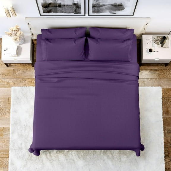 Lux Decor Collection Double-Brushed Microfiber Deep Pocket Queen Bed Sheets Set, Fitted, Flat Sheet, 4 Pillowcases - Purple