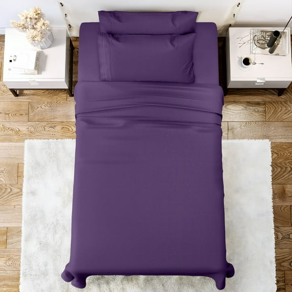Lux Decor Collection Double-Brushed Microfiber Deep Pocket Twin Bed Sheets Set, Fitted, Flat Sheet, 2 Pillowcases - Purple