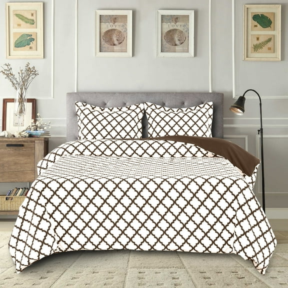 Lux Decor Collection Duvet Cover, 3 Pc Queen Duvet Cover Set with Zipper, Microfiber Comforter Cover with Matching Pillow Shams (Full/Queen, White/Chocolate)
