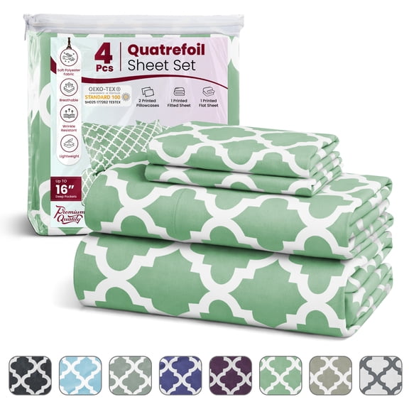 Lux Decor Full Bed Sheets Set 4 Piece - Quatrefoil Pattern, Ultra Soft Polyester Sheet Deep Pocket Fit, Wrinkle Free, Breathable & Fade Resistant OEKO-TEX Certified, Green
