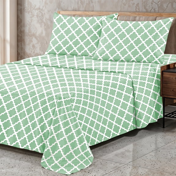 Lux Decor Queen Bed Sheets Set 4 Piece - Quatrefoil Pattern, Ultra Soft Sheet Deep Pocket Fit, Wrinkle Free, Breathable & Fade Resistant OEKO-TEX Certified, Green