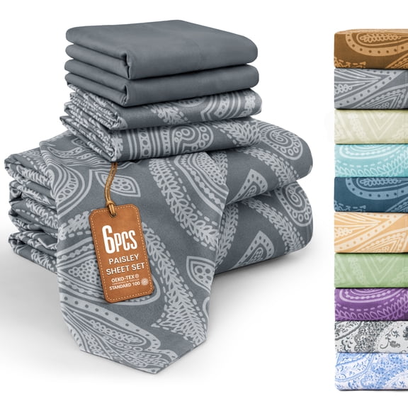 Lux Decor Full 6 Piece Bed Sheet Set - Paisley Printed Microfiber Sheets, Ultra Soft, Deep Pocket, Wrinkle-Free, Breathable, OEKO-TEX Certified - Full, Grey