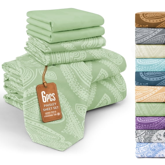 Lux Decor Full 6 Piece Bed Sheet Set - Paisley Printed Microfiber Sheets, Ultra Soft, Deep Pocket, Wrinkle-Free, Breathable, OEKO-TEX Certified - Full, Sage