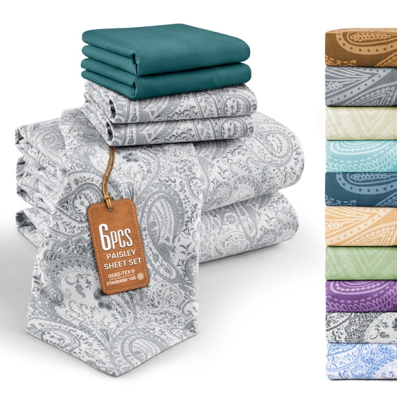 Lux Decor Full 6 Piece Bed Sheet Set - Paisley Printed Microfiber Sheets, Ultra Soft, Deep Pocket, Wrinkle-Free, Breathable, OEKO-TEX Certified - Full, White Grey