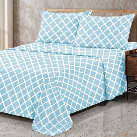 Lux Decor King Bed Sheets Set 4 Piece - Quatrefoil Pattern, Ultra Soft Sheet Deep Pocket Fit, Wrinkle Free, Breathable & Fade Resistant OEKO-TEX Certified, Blue