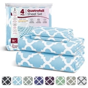 Lux Decor King Bed Sheets Set 4 Piece - Quatrefoil Pattern, Ultra Soft Polyester Sheet Deep Pocket Fit, Wrinkle Free, Breathable & Fade Resistant OEKO-TEX Certified, Blue