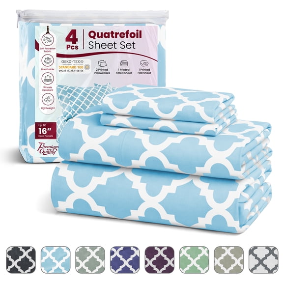 Lux Decor Queen Bed Sheets Set 4 Piece - Quatrefoil Pattern, Ultra Soft Polyester Sheet Deep Pocket Fit, Wrinkle Free, Breathable & Fade Resistant OEKO-TEX Certified, Blue