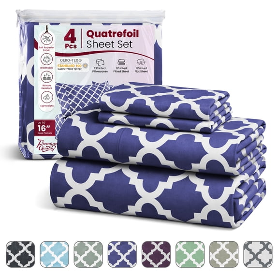 Lux Decor King Sheets Set 4 Piece - Quatrefoil Pattern, Ultra Soft Polyester Sheet Deep Pocket Fit, Wrinkle Free, Breathable & Fade Resistant OEKO-TEX Certified, Navy Blue