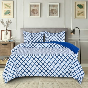 Lux Decor Collection King Duvet Cover Set 3 Piece - Soft Brushed Microfiber Comforter Cover with 2 Pillow Shams - Zipper Closure Duvet Cover (King, White Blue)