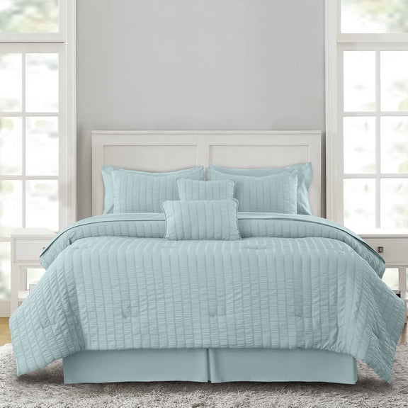 Lux Decor Collection King Seersucker Bedding Comforter Set – All-Season 10 Pieces Bed in a Bag Includes Comforter, Sheets, Pillow Shams, Bed Skirt & Decorative Pillows for Ultimate Comfort, Aqua Blue