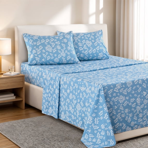 Lux Decor King Microfiber Bed Sheets - 4 Piece Floral Sheet Set, Soft Breathable Bedding, Wrinlkle Resistant, OEKO-TEX Certified, Blue