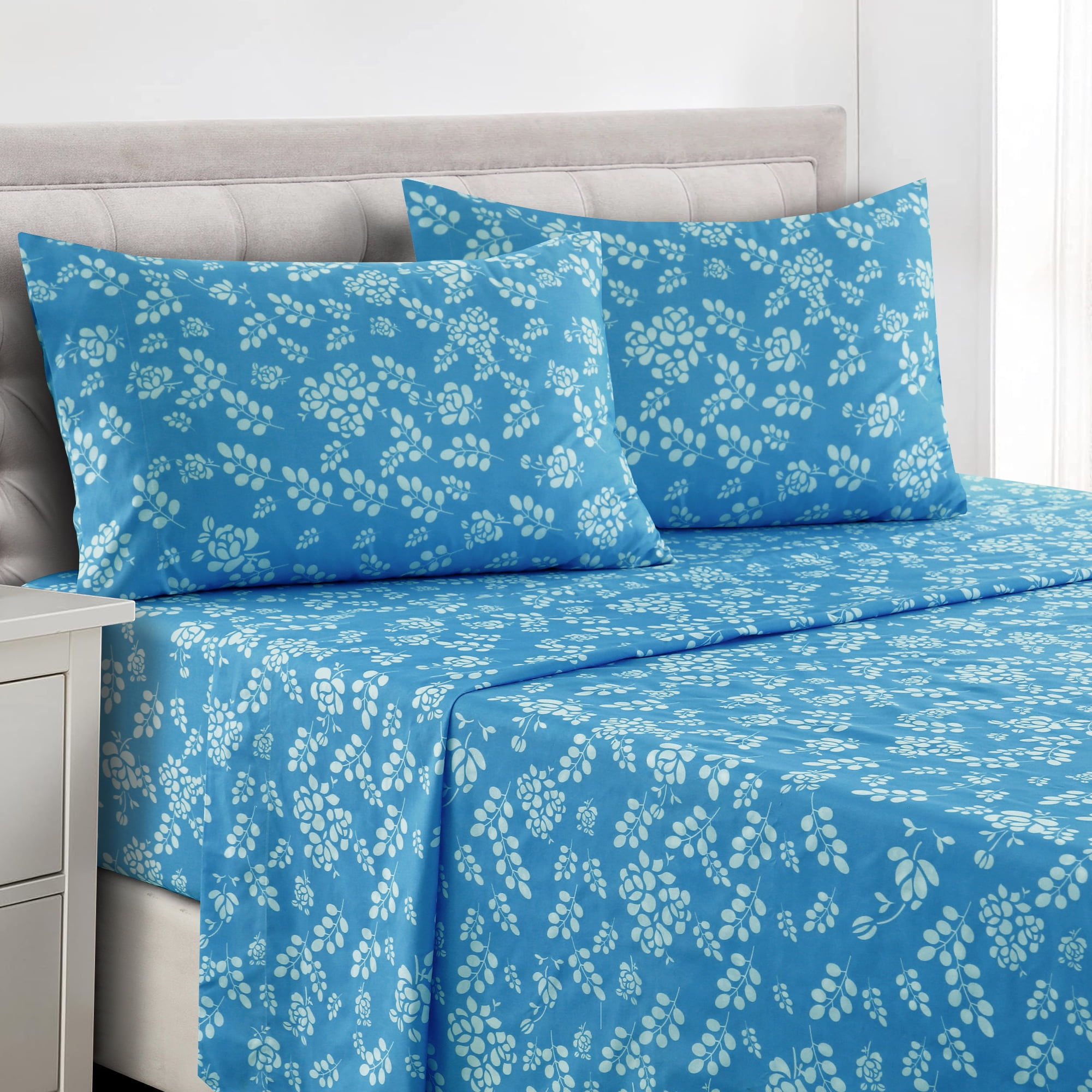 King Blue Floral Microfiber Deep Pocket Sheet Set