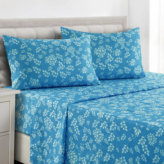 Lux Decor Collection King Sheets - 4 Piece Deep Pocket Microfiber Bed Sheets Set, Floral - Blue
