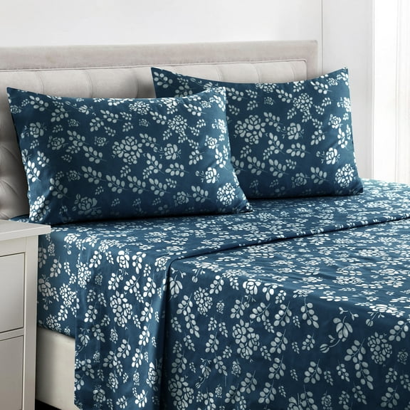 Lux Decor Collection King Sheets - 4 Piece Deep Pocket Microfiber Bed Sheets Set, Floral - Navy Blue