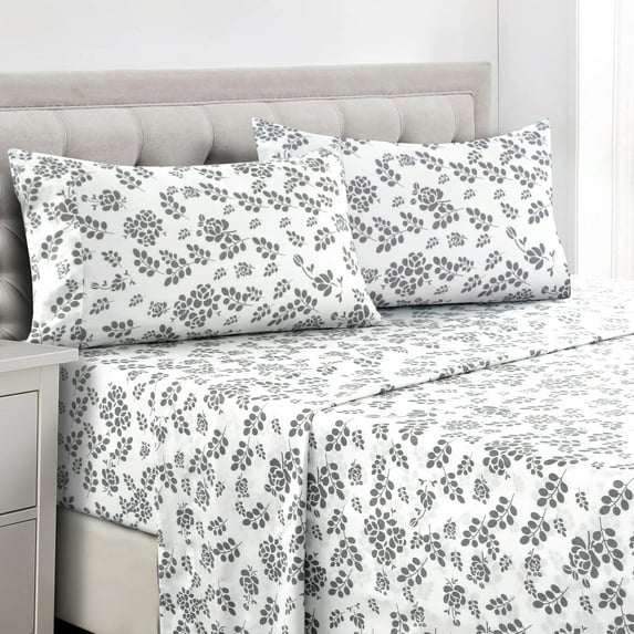 Lux Decor Collection King Sheets - 4 Piece Deep Pocket Microfiber Bed Sheets Set, Floral - White
