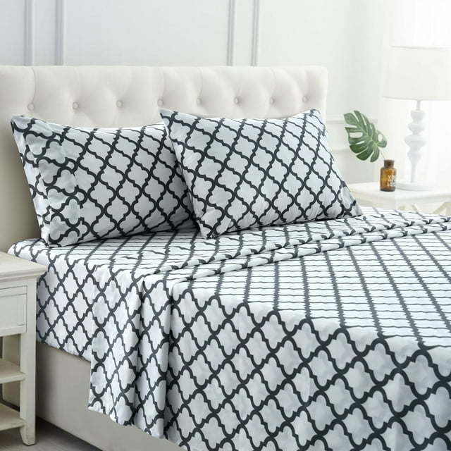 Lux Decor Collection King Sheets Set - 4 Pc Deep Pocket Bed Sheets Bedding Set & Pillowcases - White Gray