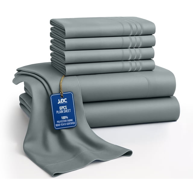 Lux Decor King Bed Sheets - 6 Piece Ultra-Soft Microfiber Sheets Set, Deep Pocket Fitted Sheet, Flat Sheet & 4 Pillowcases, Breathable Hotel Luxury, OEKO-TEX Certified, Grey