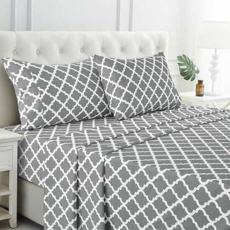 Lux Decor King Bed Sheets Set 4 Piece - Quatrefoil Pattern, Ultra Soft Sheet Deep Pocket Fit, Wrinkle Free, Breathable & Fade Resistant OEKO-TEX Certified, Grey