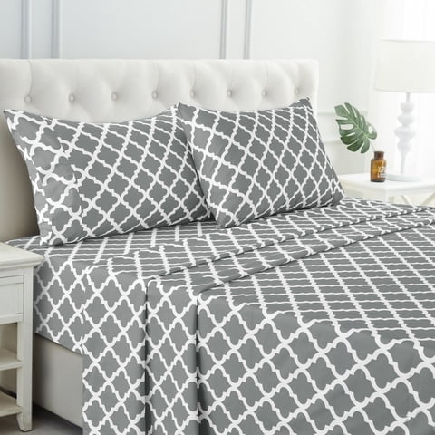 Lux Decor King Bed Sheets Set 4 Piece - Quatrefoil Pattern, Ultra Soft Sheet Deep Pocket Fit, Wrinkle Free, Breathable & Fade Resistant OEKO-TEX Certified, Grey