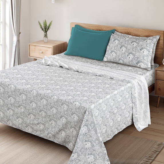 Lux Decor 6-Piece King Size Bed Sheets Set – Ultra-Soft Microfiber, Paisley Print, Upto 16" Deep Pocket Fitted Sheet, Flat Sheet & 4 Pillowcases, White Grey