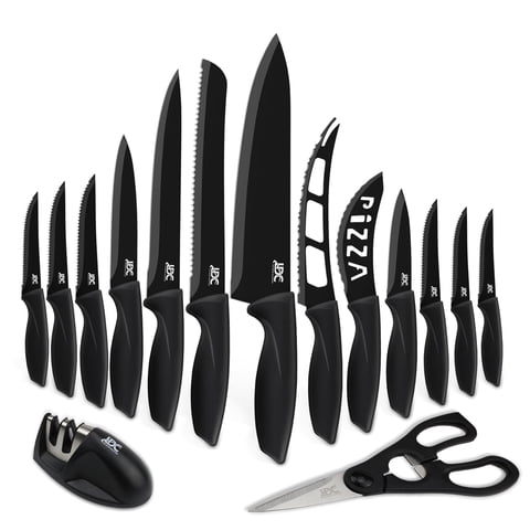 Lux Decor 15-Piece Kitchen Knife Set – High Carbon Stainless Steel Chef Knives Set, Non-Stick Anti-Rust Coating Ergonomic Handle – Chef, Bread, Paring, 6x Steak Knives, Sharpener for Cooking & Dining