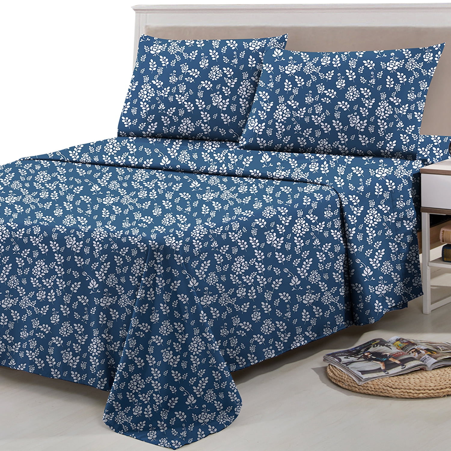 Lux Decor Collection Luxury 1800 Thread Count Navy Blue, White, Multi-color Floral Flowers Microfiber Sheet Sets, King, Deep Pocket(4 Pieces)